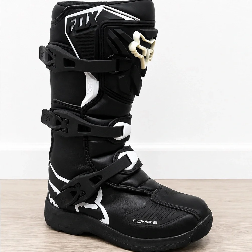 Fox Kids Black and White Motocross Boots with Cream Buckle Accent. Size Y1
